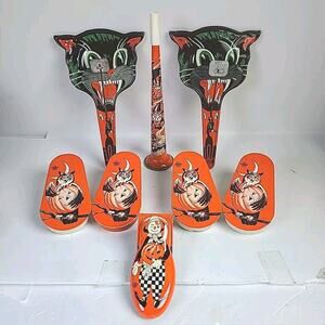Lot of 8 Antique Vintage Halloween Tin Litho Toy Noisemakers US Metal Co